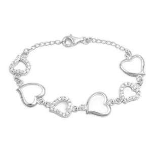    Sterling Silver Fine Chain of Hearts Charm CZ Bracelet Jewelry