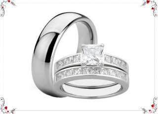 New 3pcs Wedding Band Ring Set Womens SILVER Matching Princess Cut 
