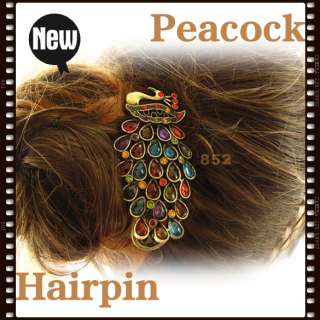 Vintage Colorful Retro Crystal Peacock Hair Pin Clip  