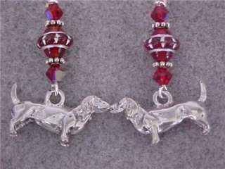 Daschund Doxie Charm Drop Earrings Red/Silver & Crystal  