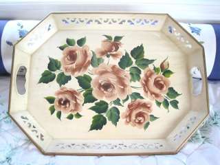 Pale Pink Pastel Cabbage Roses Country Cottage Vintage Cream Metal 