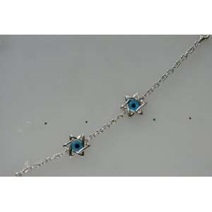  Silver & Jewish Star Evil Eye Bracelet 7 1/2 Length 