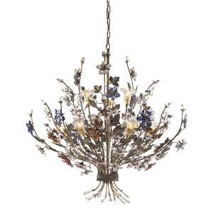 LIGHT CHANDELIER IN BRONZED RUST AND MULTI COLORED CRYSTAL FLORETS W 