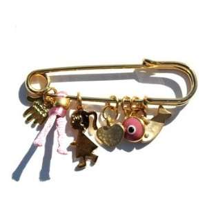   Golden Baby Girl Pin with Multiple Protection Charms in Pink Jewelry