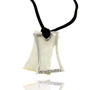   Sterling Silver White Shell Black Leather Cord Rectangle Necklace