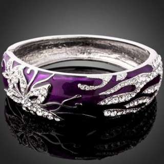 ARINNA Purple Enamel Swarovski Crystal WGP Bangle Cuff  