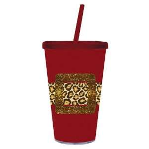   Cup w/Glitter & Straw 17oz, Leopard Santa Belt