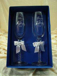 New Wedding Champange Bow Flutes Toasting Glasses Bride & Groom  