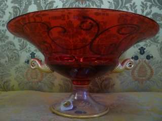 Red Murano Glass Bowl 24k Gold Hand Painted  
