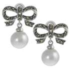 SilverBin Silvertone Created Marcasite and Faux Pearl Bow Earrings