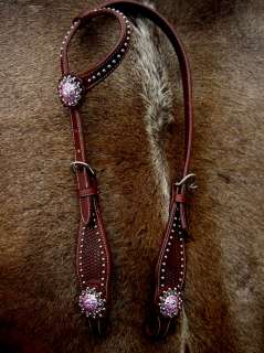 BRIDLE WESTERN LEATHER HEADSTALL PINK AQUA CONCHOS BARREL BROWN TACK 