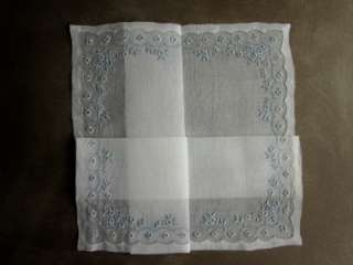 Vintage Ladies Hankie Unused Wedding Dainty Embroidery Pale Blue 