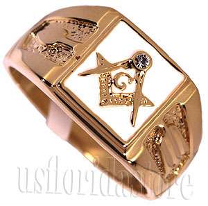 Square White Masonic Mason 18kt Gold Plated Ring New  