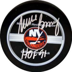 Mike Bossy New York Islanders Autographed Game Model Puck with HOF 91 