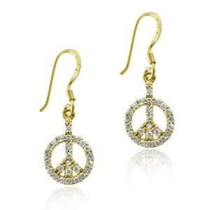    18k Gold over Silver CZ Peace Sign Dangle Earrings Jewelry