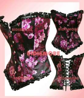 Black Pink Floral Trim Lace Up Bustier Corset Top S  