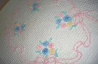   Vintage Chenille Porch Throw Floral Bouquets Pink Trim, Bedspread