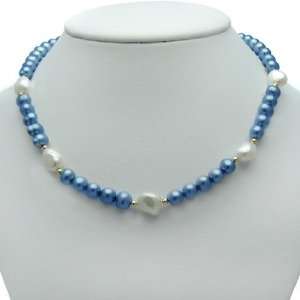 14KY 7 8mm Sky Blue and 10 11mm White Freshwater Pearl Necklace 18 