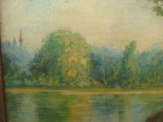 Jerome Antique Landscape Oil Painting Lake Boats  