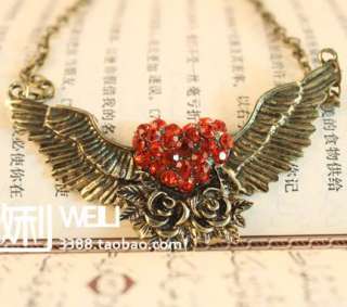   Angel Wing Crystal Heart Valentines Necklace Pendant N332  