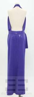 St. John Evening Purple Knit & Paillette Belted Open Back Halter Gown 