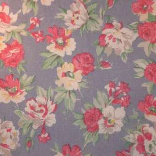 f39 muslin shabby french blue pink roses ribbon fabric  