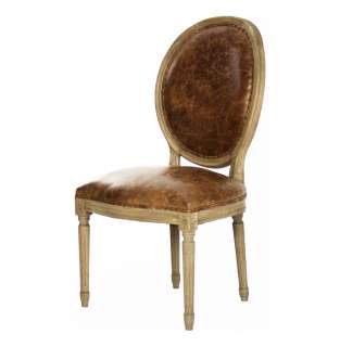 French Country Louis XVI Oval Back Leather Dining Side Chair  