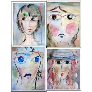  4 Girl Portraits Watercolor Greeting Cards Art Blank Note 