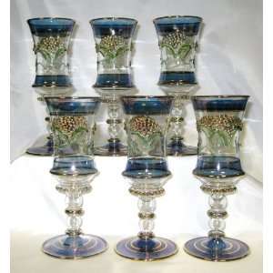  Blown Glass Wine Glasses   Blue with Green Accents   Set 