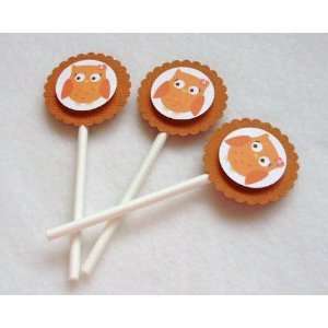  Orange Owl Retro Inspired Cupcake Toppers   (Qty 12 