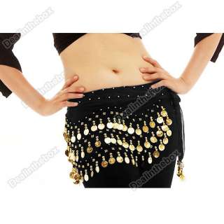 Rows 128 Coins Chiffon Belly Dance Hip Skirt Scarf Wrap Belt Costume 