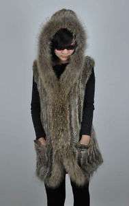 women New long real Rabbit Raccoon fur hood jacket Coat vest outerwear 