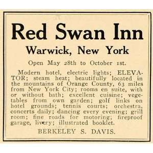 com 1916 Ad Red Swan Inn Warwick NY Berkeley S. Davis WWI   Original 