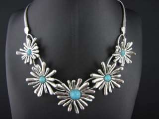Tibet Silver Turquoise Flower Necklace Chains MS745  