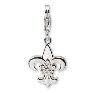   Silver CZ Polished Fleur de Lis w/Lobster Clasp Charm Jewelry