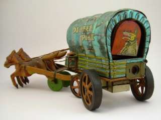 Vintage Tin Litho Covered Wagon Battery Toy ALPS Japan  