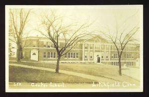 LITCHFIELD, CT ~ CENTER SCHOOL PANORAMA RPPC c 1930s  