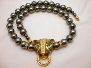 Vtg Panther Necklace KJL for Avon Gunmetal Grey Beads  