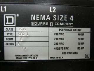  8536 Nema Size 4 Motor Starter W/ Enclosure 600 V 120 Volt Coil  