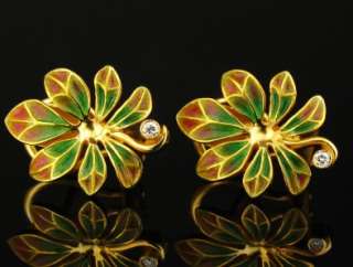 Masriera Art Nouveau Diamond Enameled Leaf 18K Earrings  