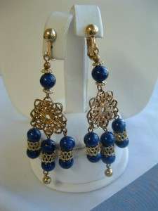 Vintage Blue Glass Bead Dangle Earrings Etruscan Style  