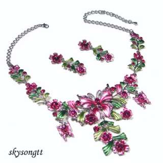 Pink Enamel Crystal Butterfly Leaf Necklace Set S1618P  
