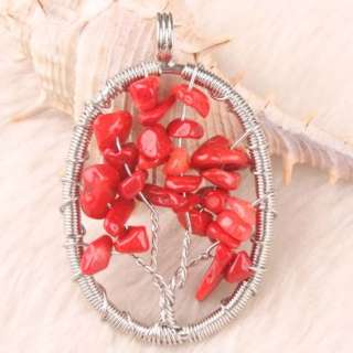 Hot  Red Coral Chip Beads Wrap Tree Oval Pendant 1PC  
