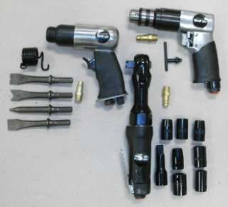 3pc Wolf Air Tool Set Kit Chisel Drill Ratchet Sockets  