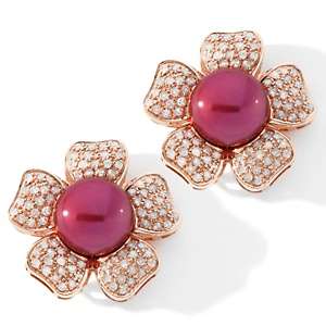   Fresh Water Pearl and Diamond 14K Rose Gold Flower Earrings 