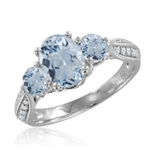 Stone Diamond and Aquamarine Ring in 14k White Gold 3 Stone Ring 