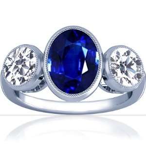   White Gold Oval Cut Blue Sapphire Three Stone Ring (GIA Certificate
