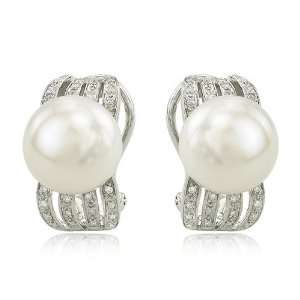 14K White Gold Pearl & Diamond Wavy Earrings Jewelry