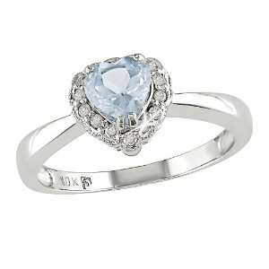  10K White Gold .07 ctw Diamond and Aquamarine Heart Ring Jewelry