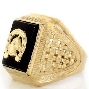    10K Solid Yellow Gold Onyx Horseshoe Fancy Mens Ring Jewelry